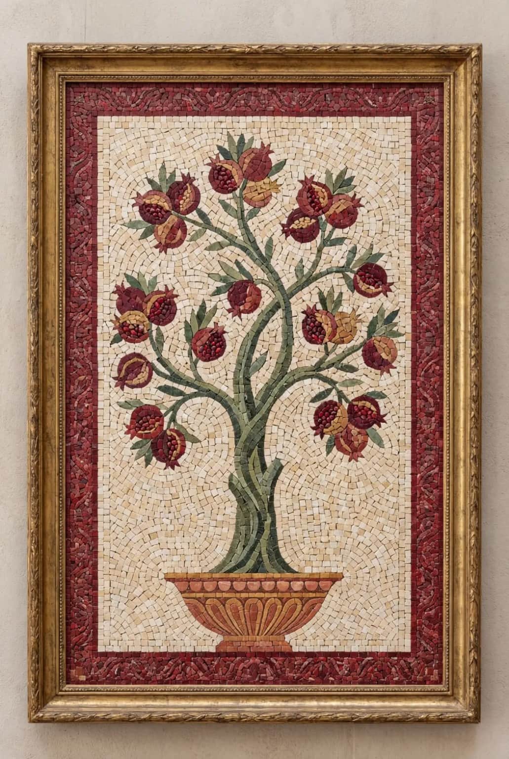 Granvia pomegranate tree in ornamental vessel mosaic panel