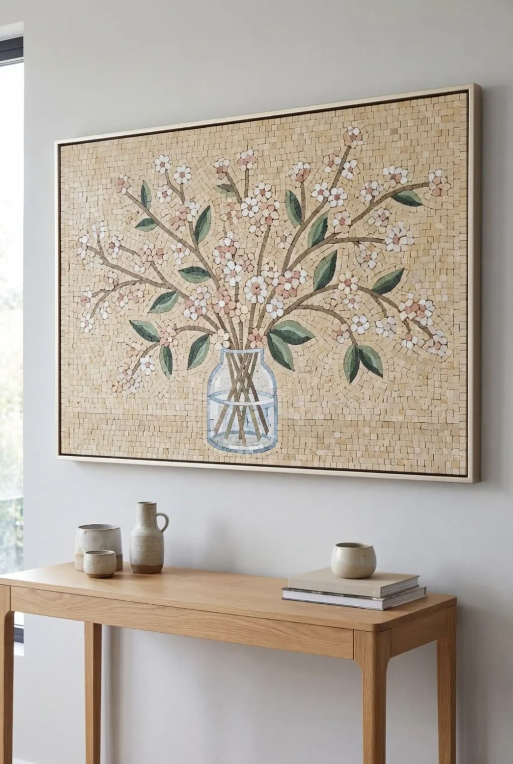 Hanora panoramic flowering branches in transparent blue vase mosaic