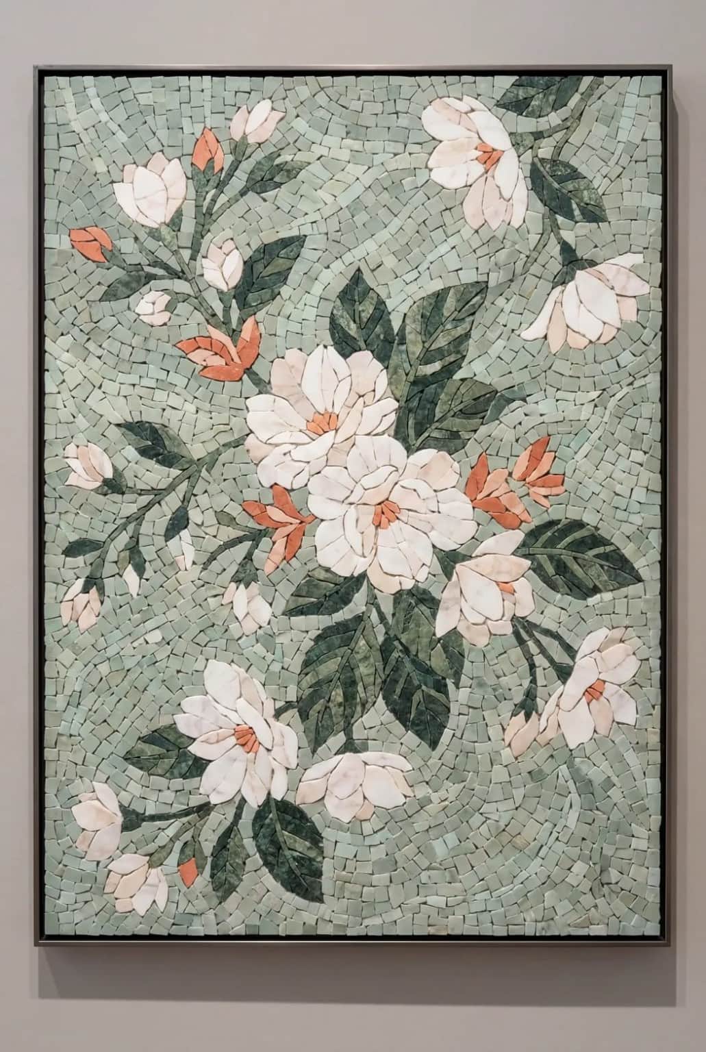 Maelis white blossoms and coral buds on sage mosaic panel