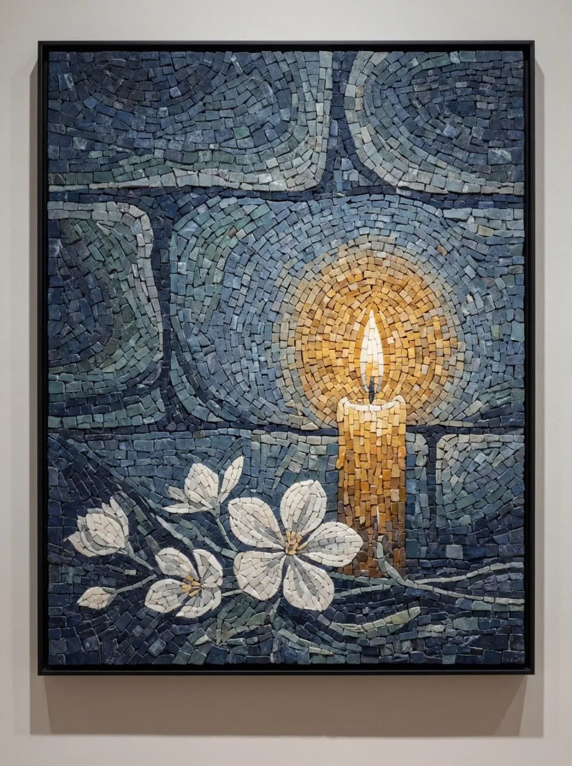Noctra glowing candle and white blossoms mosaic panel