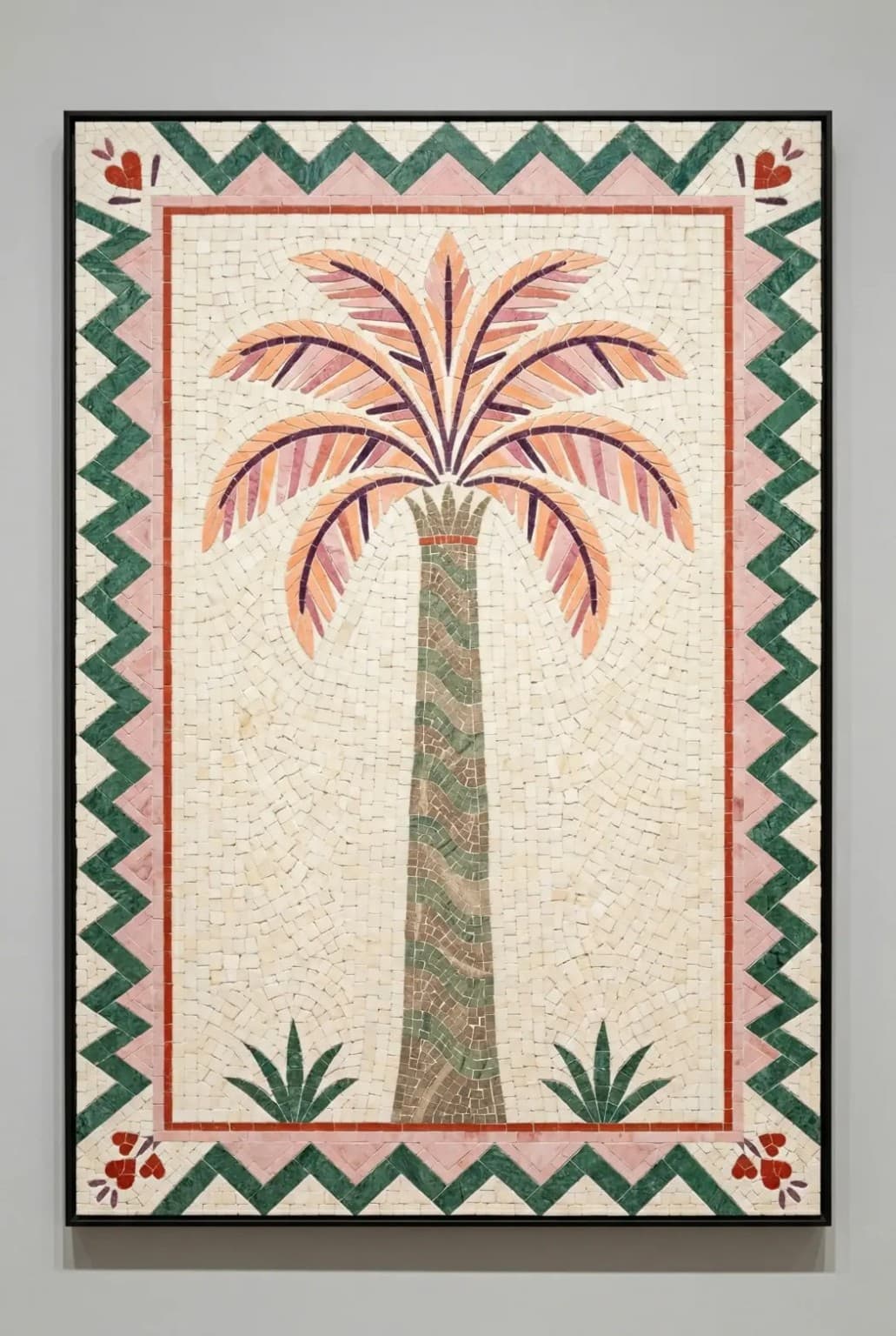 Palmora coral and rose palm tree mosaic with green zigzag border