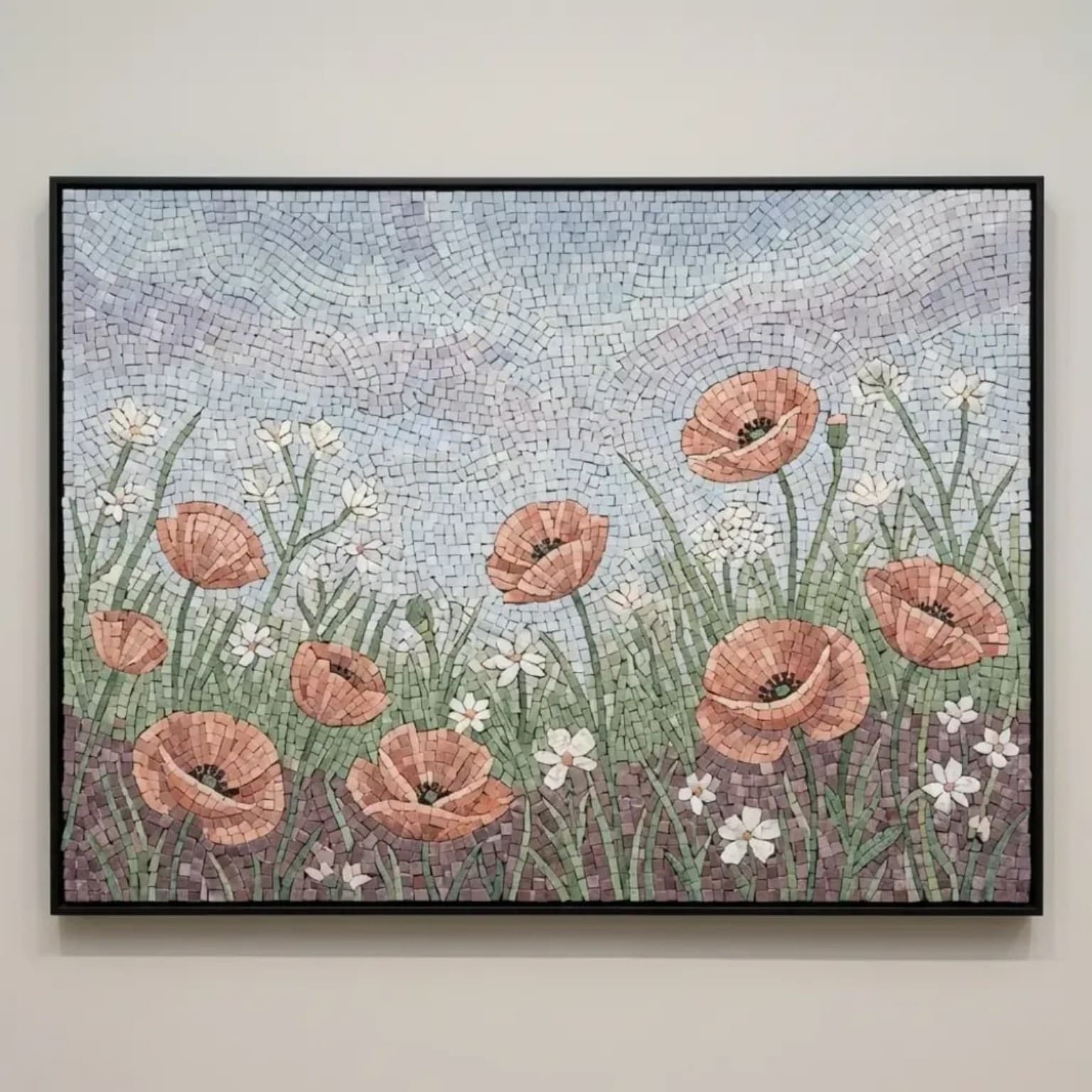 Papelle coral poppies and white wildflowers landscape mosaic
