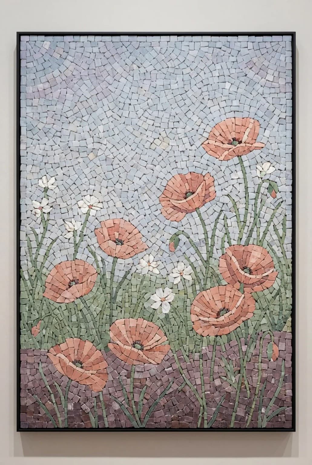 Pavora coral poppy meadow mosaic panel beneath a pale blue sky