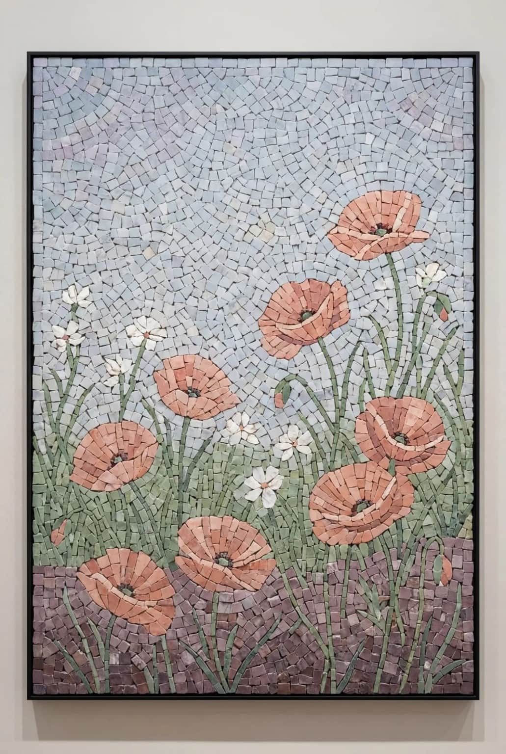 Pavora coral poppy meadow mosaic panel beneath a pale blue sky