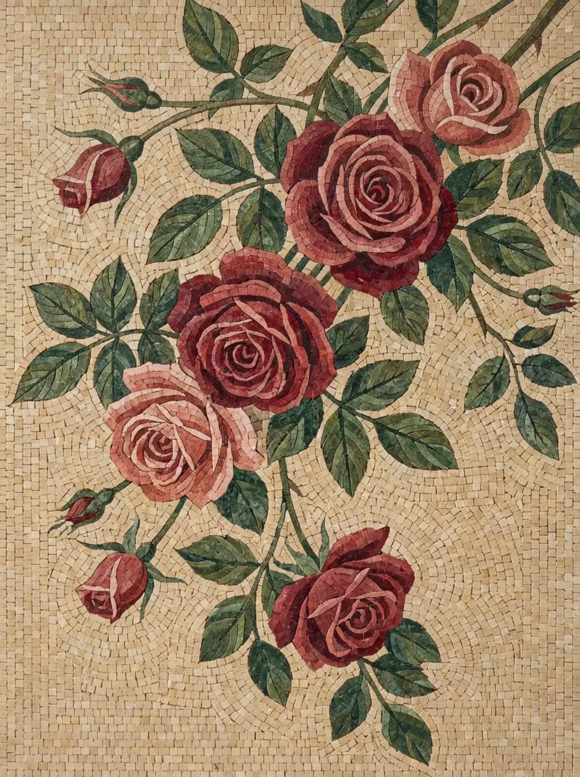 Rovelia marble mosaic panel with layered red and blush roses, green leaves, and a warm ivory stone background