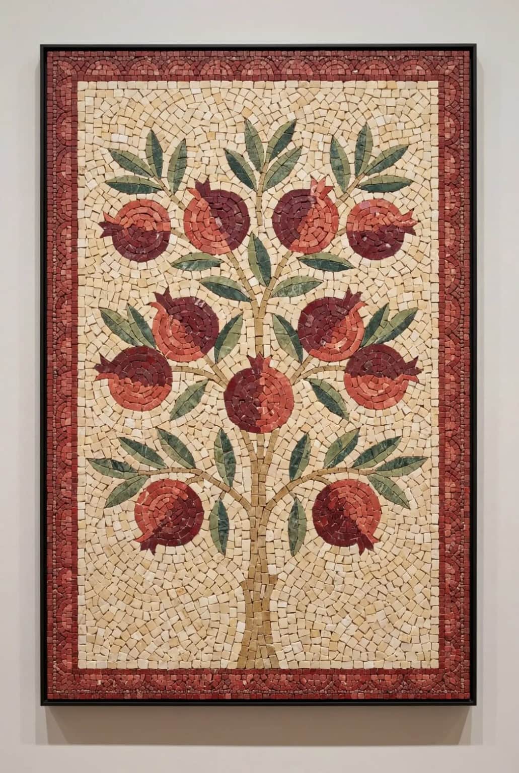 Rumana symmetrical pomegranate tree mosaic panel with red fruit