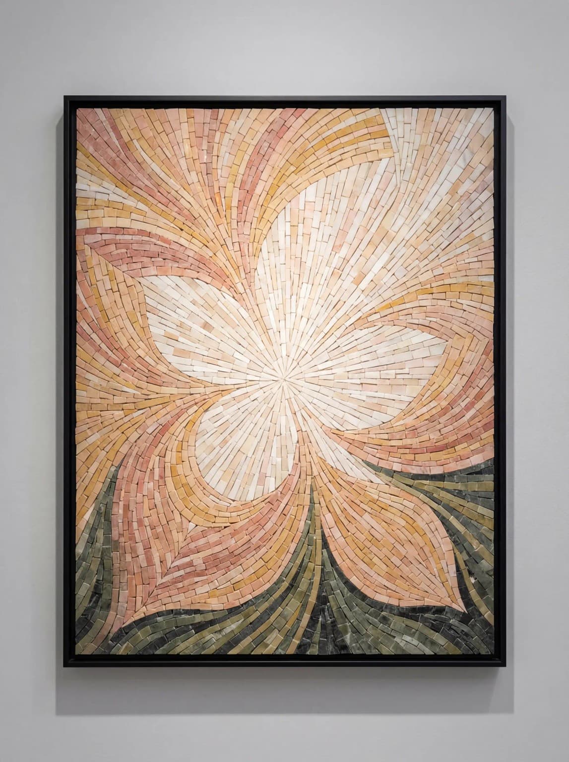 Solavelle marble mosaic panel featuring a radiant ivory flower with blush, ochre, and olive flowing tesserae
