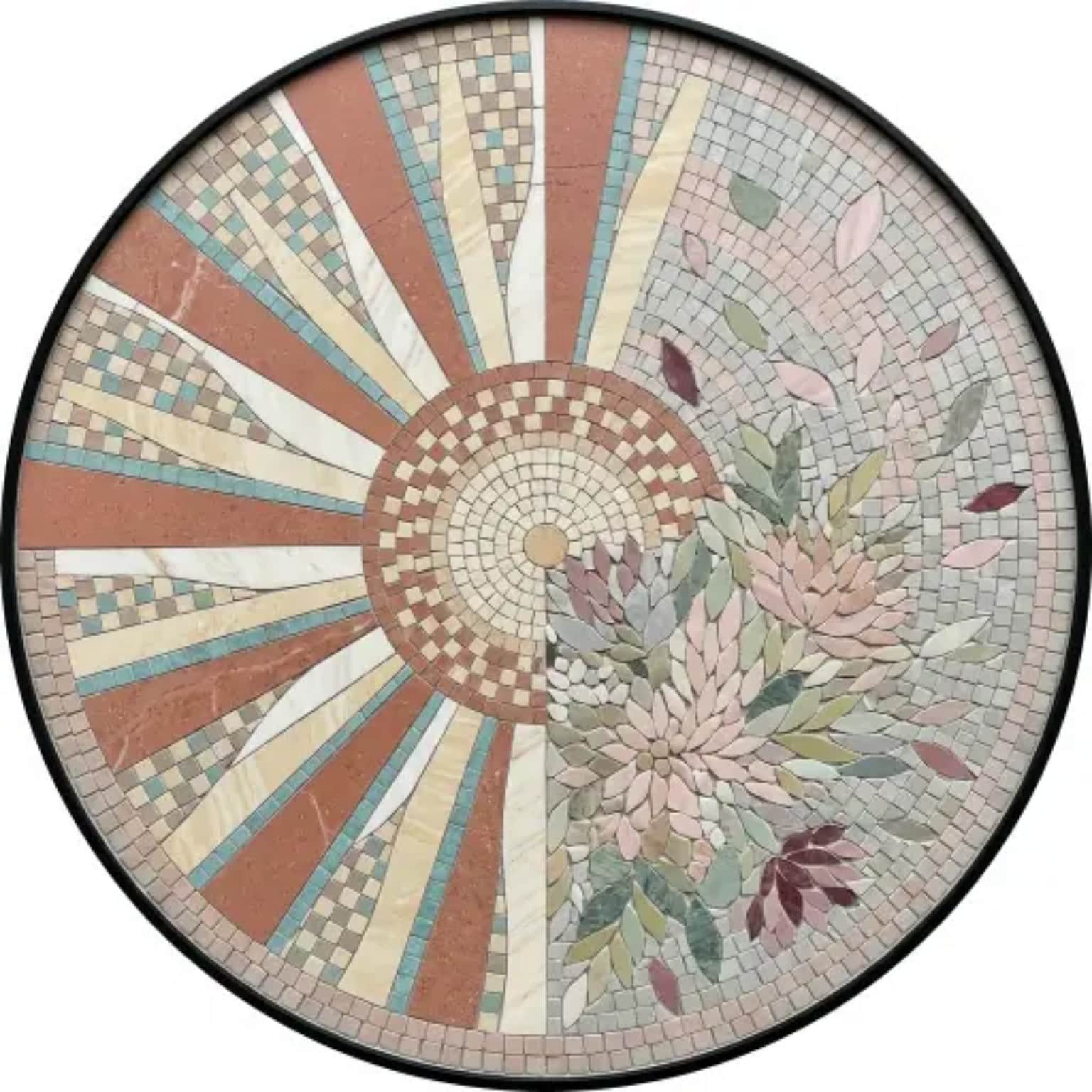 Sunflora botanical sun and flowering branch round marble mosaic