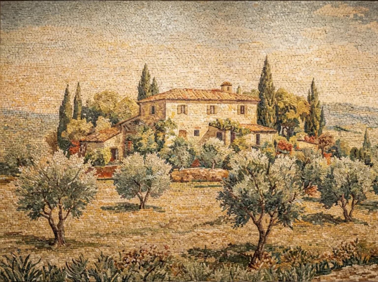 Terralume Mediterranean villa and olive grove landscape mosaic panel