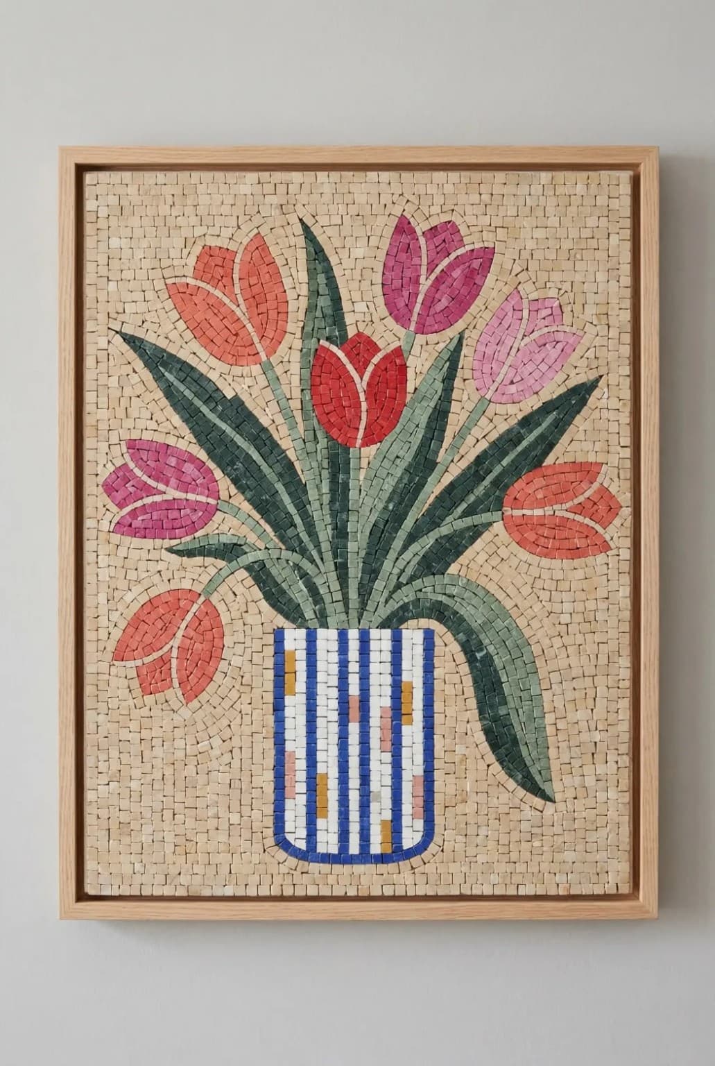 Tulenne colorful tulip bouquet in blue striped vase mosaic panel