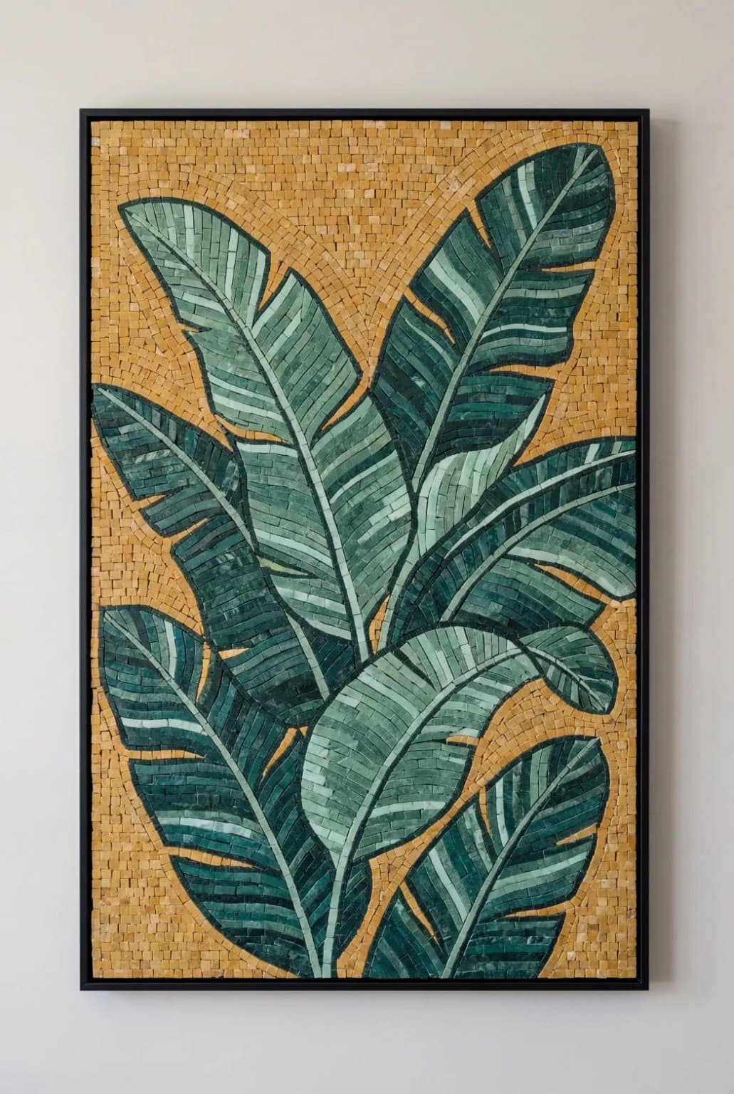 Verdira oversized green tropical leaves on ochre mosaic panel