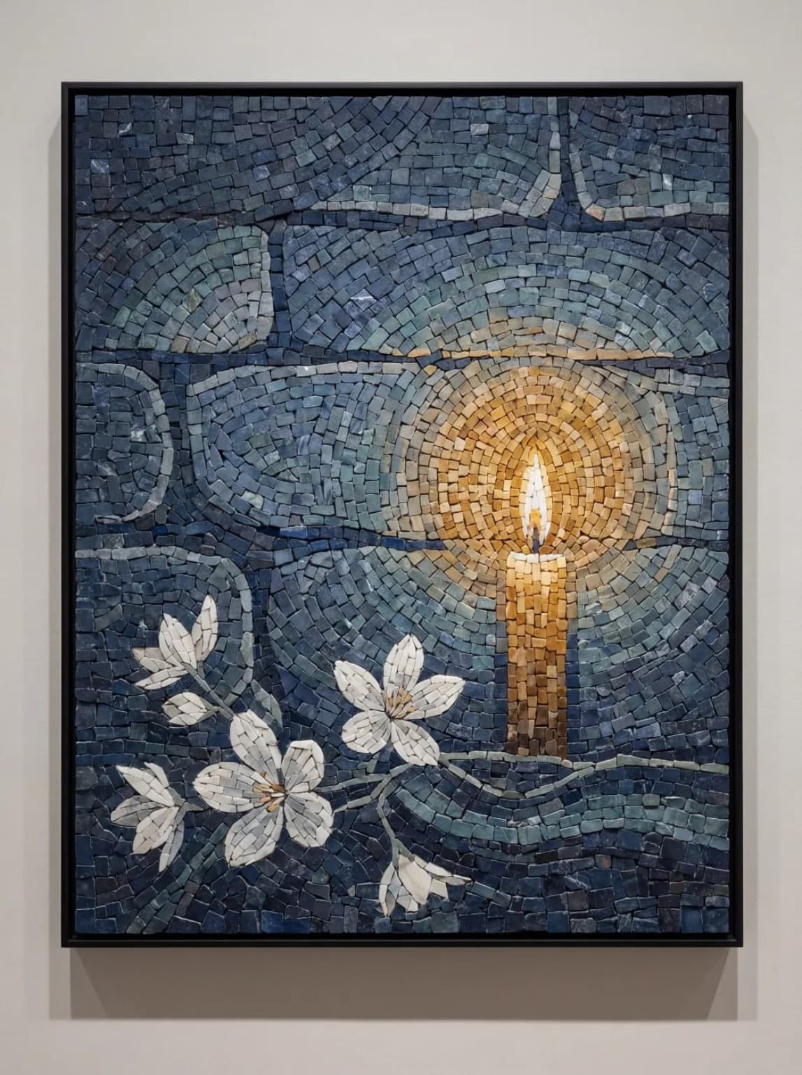 Vespera glowing candle and white blossoms on blue mosaic panel