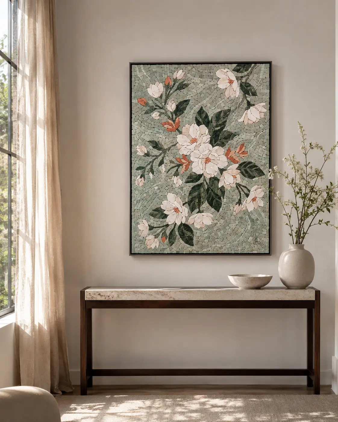 Handcrafted mosaic composition in a contemporary interior
