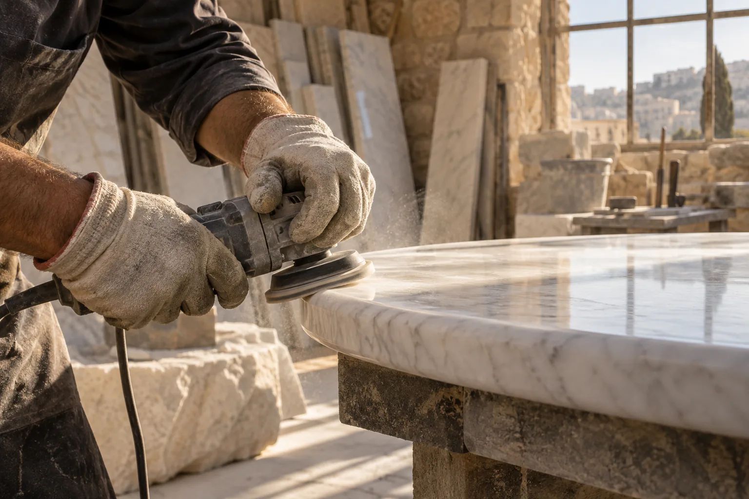An artisan's gloved hands polishing the rounded edge of a white marble table top in a stone atelier