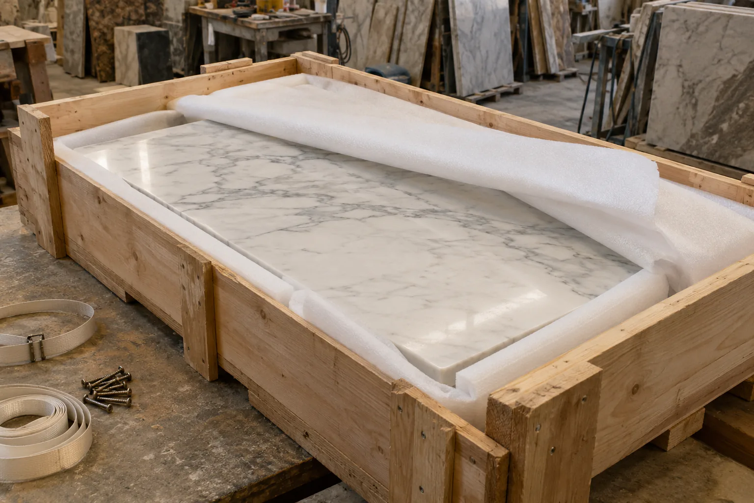 A polished marble table top wrapped in protective foam inside a custom wooden shipping crate