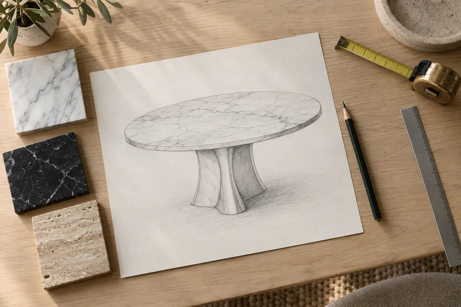 Pencil sketch of a round marble table with a tape measure and white, black and beige stone samples