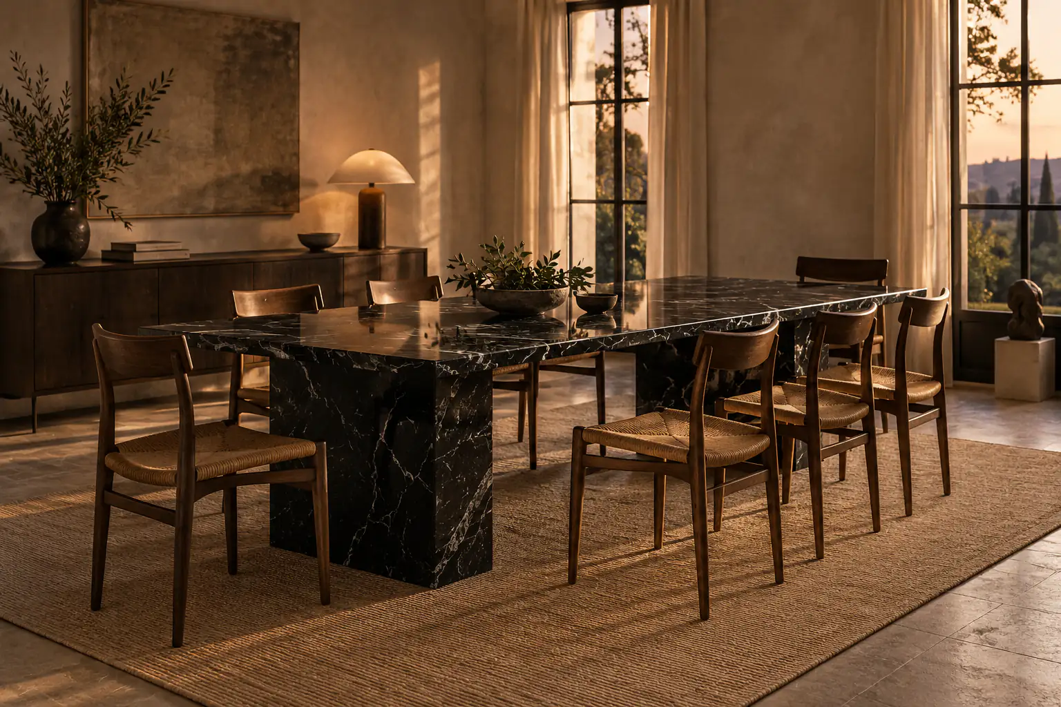 Long black Nero Marquina marble dining table with two stone block legs and eight chairs