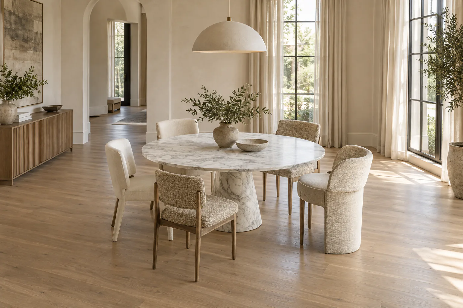 Round white marble dining table with a stone pedestal base and six chairs in a bright dining room