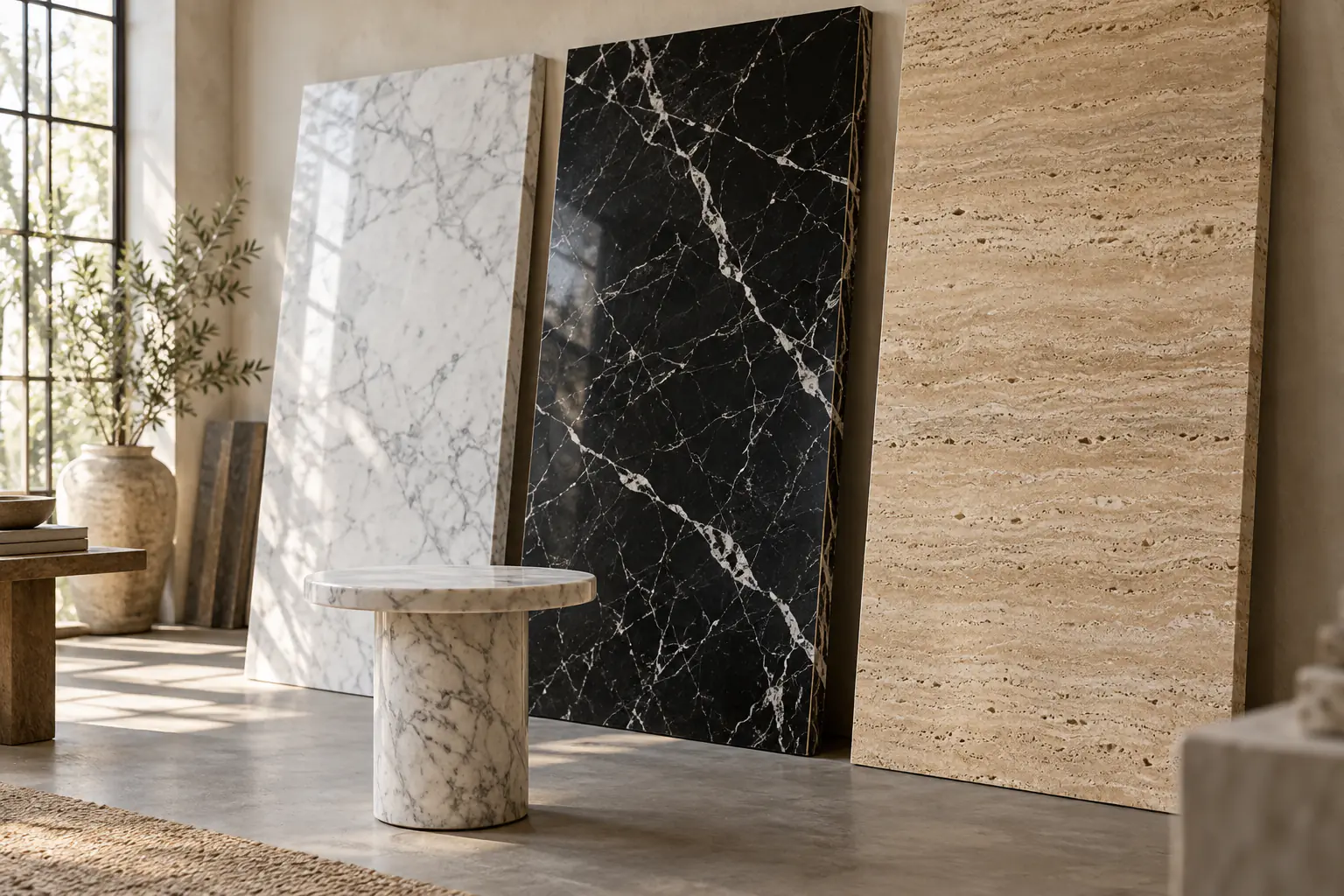 White Carrara, black Nero Marquina and beige travertine slabs in a daylight stone atelier with a small marble side table