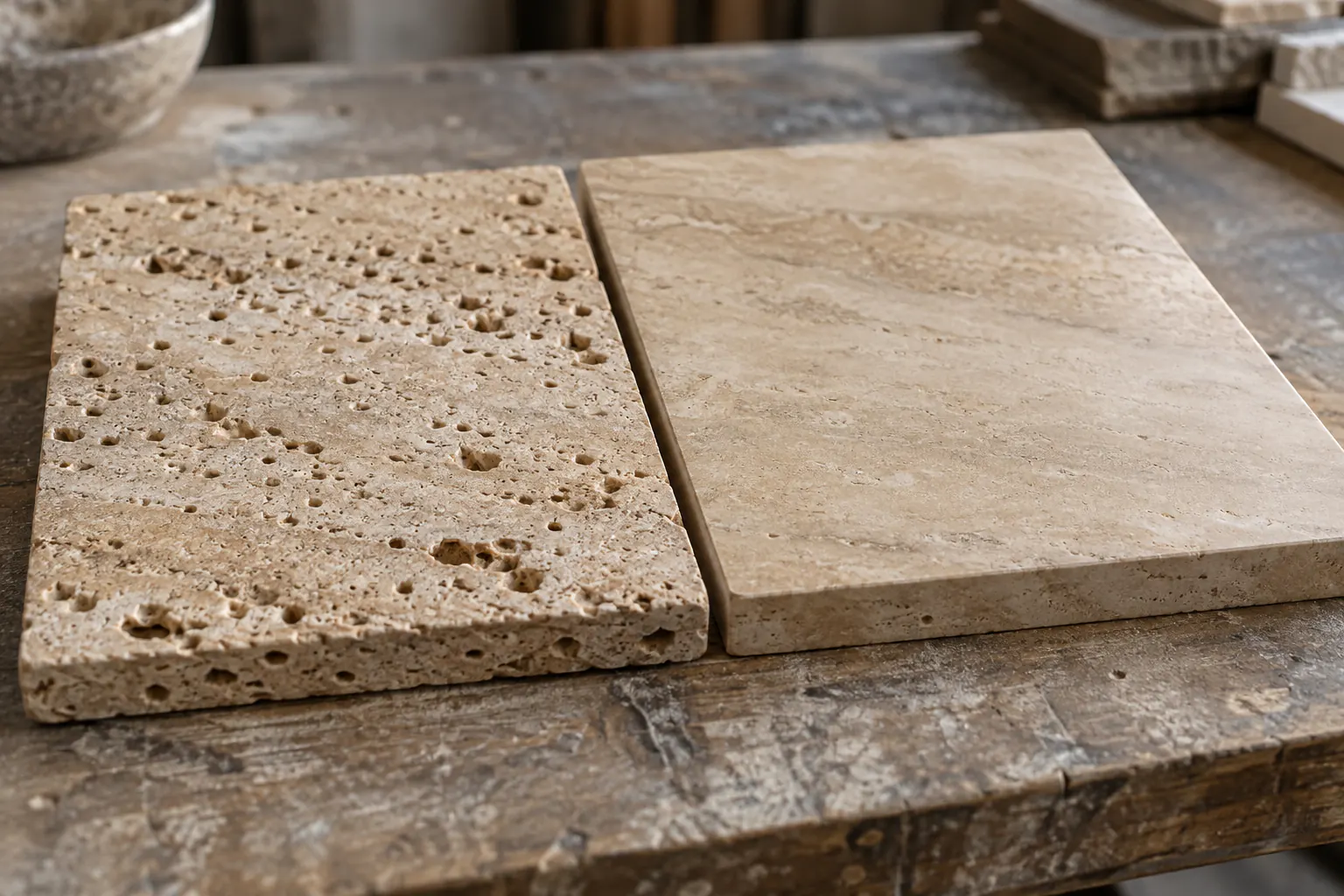 Unfilled travertine with open natural pores beside a smooth honed and filled travertine tile