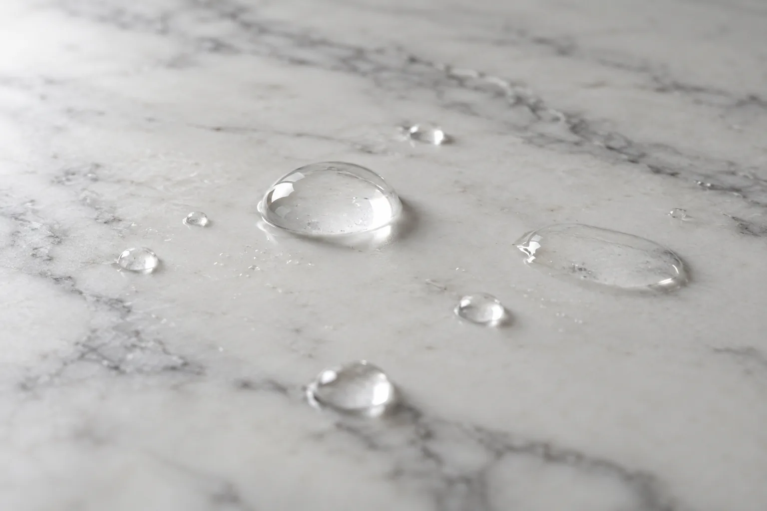 Water droplets beading on a sealed white marble surface