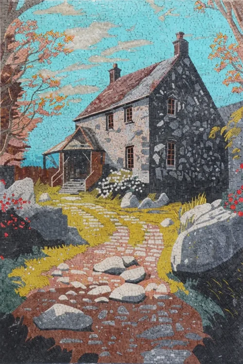 Handcrafted rustic mosaic art depicting a serene rural landscape – Countryside design.