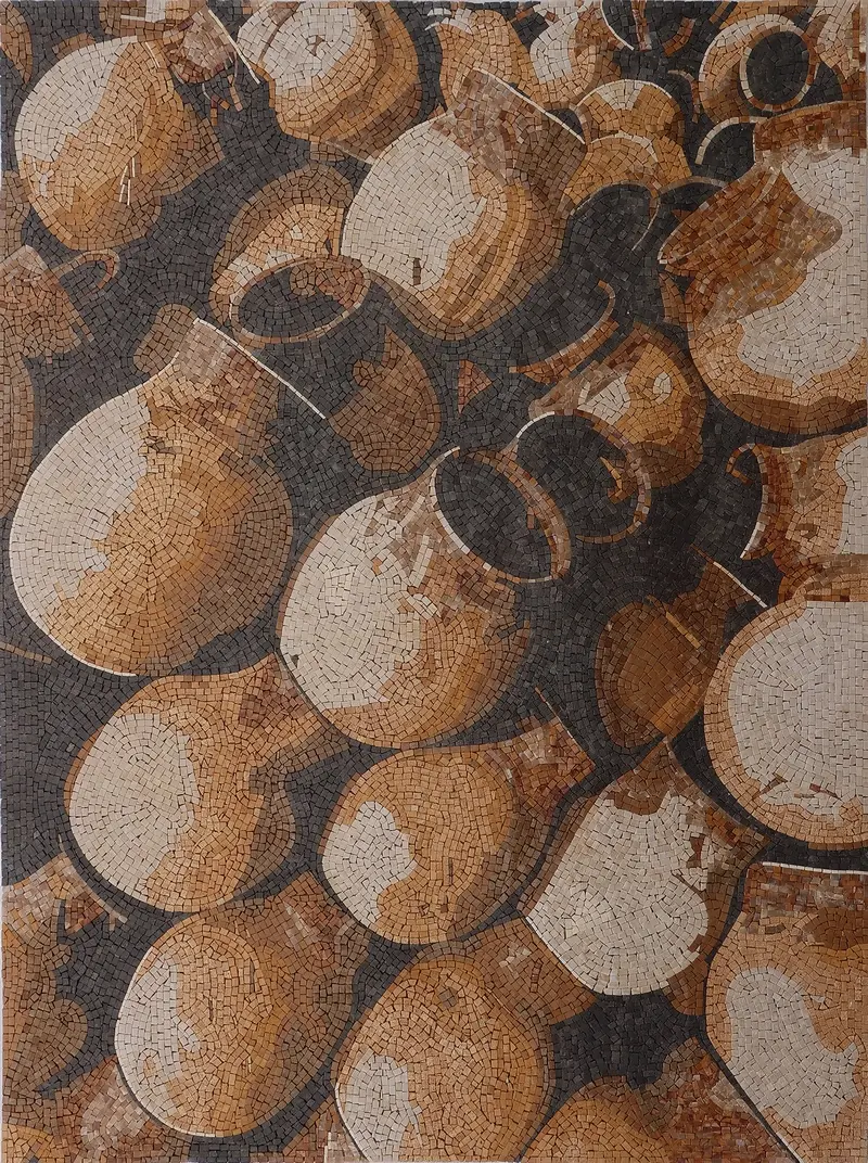 Ancient Vessels Mosaic Wall Art Pottery Ancient Vessels mosaic wall art showcasing aged pottery jars in deep brown and gray tones.