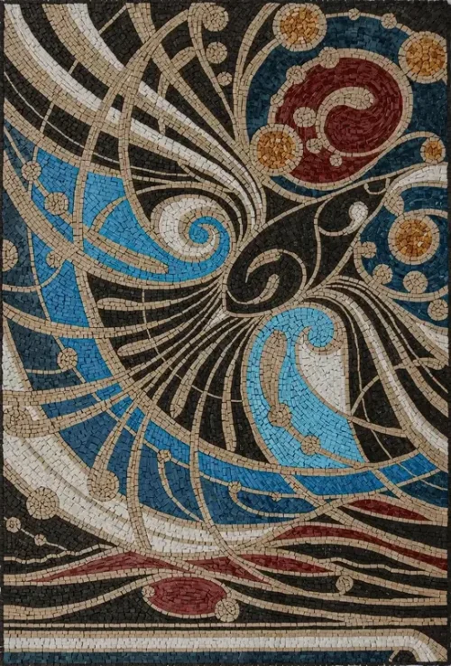 "Spiralia" mosaic artwork featuring flowing curves, vibrant colors, and dynamic swirls, created by skilled mosaic art artists.