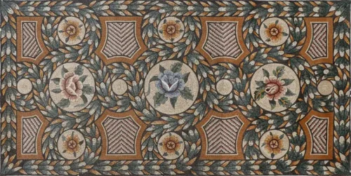 "Floraison" flower mosaic art featuring blooming flowers, greenery, and geometric designs with natural tones and vibrant accents.