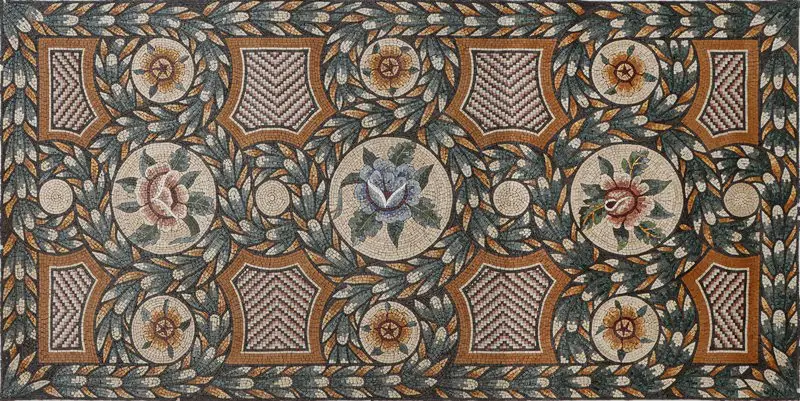 Floraison Flower Mosaic Art with Floral and Geometric Patterns "Floraison" flower mosaic art featuring blooming flowers, greenery, and geometric designs with natural tones and vibrant accents.