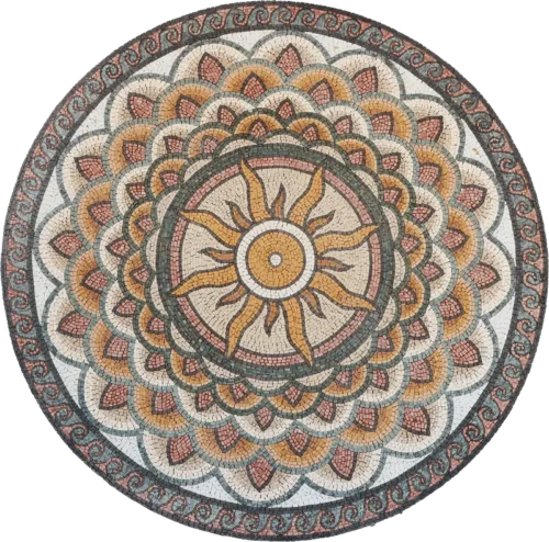 "Sunpetal" mosaic solar art featuring a sun-like center with petal-shaped designs and intricate geometric patterns.