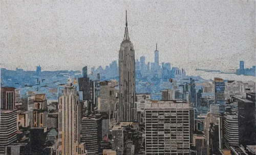 Handcrafted marble mosaic art featuring the iconic New York skyline and Empire State Building – Gotham View design.