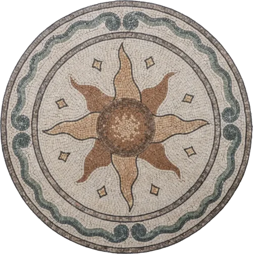 "Sunflare" mosaic art featuring a radiant sun-like motif surrounded by flowing waves and geometric patterns in vibrant colors.