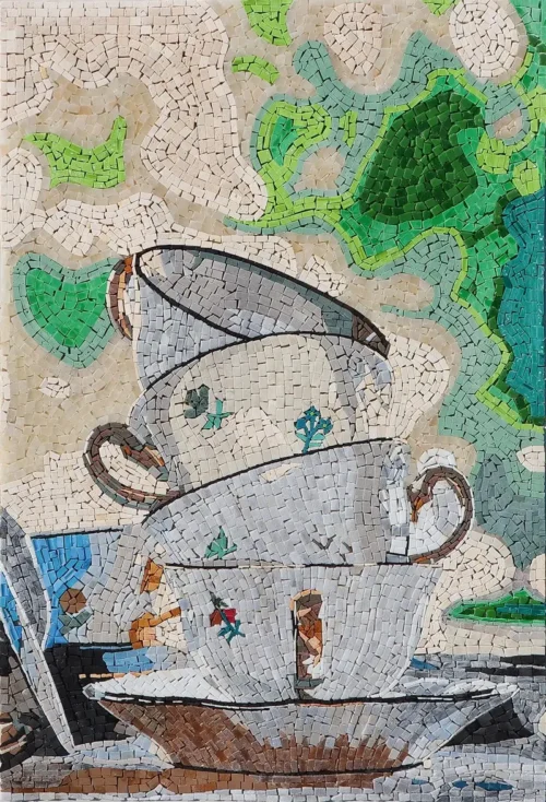 "Cuppa Charm" mosaic featuring stacked teacups with intricate patterns set against a greenery backdrop, adding warmth and charm.