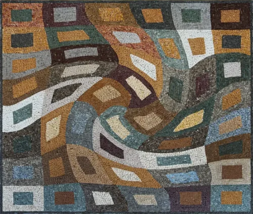 "SwirlGrid" mosaic artwork featuring swirling forms and structured grid patterns, creating a dynamic sense of movement and precision.