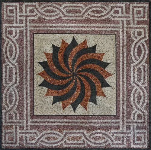 "Suncrafter" mosaic pattern featuring a swirling sunburst in black, orange, and brown, framed by geometric patterns in soft reds and whites.