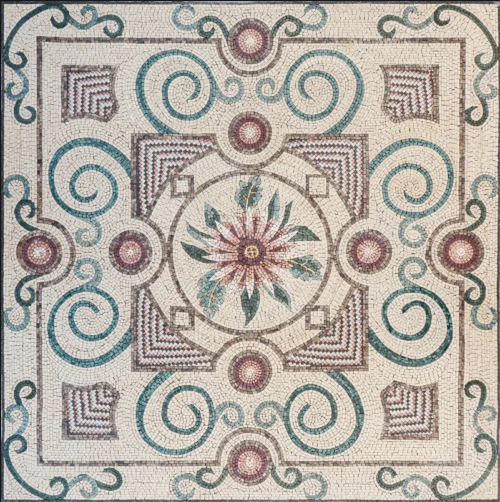 "Celestora" flower mosaic art featuring geometric patterns and celestial-inspired spirals with a delicate floral-like motif at the center.