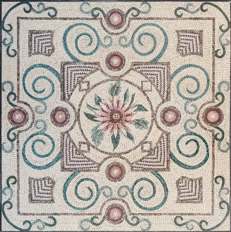 Celestora Flower Mosaic Art with Geometric and Celestial Design "Celestora" flower mosaic art featuring geometric patterns and celestial-inspired spirals with a delicate floral-like motif at the center.