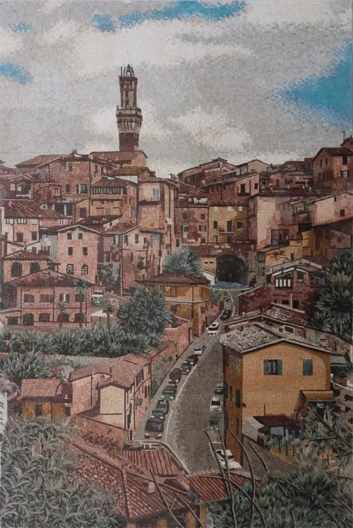 Elegantly designed Vista Antiqua mosaic art mosaic enhancing a modern living room.