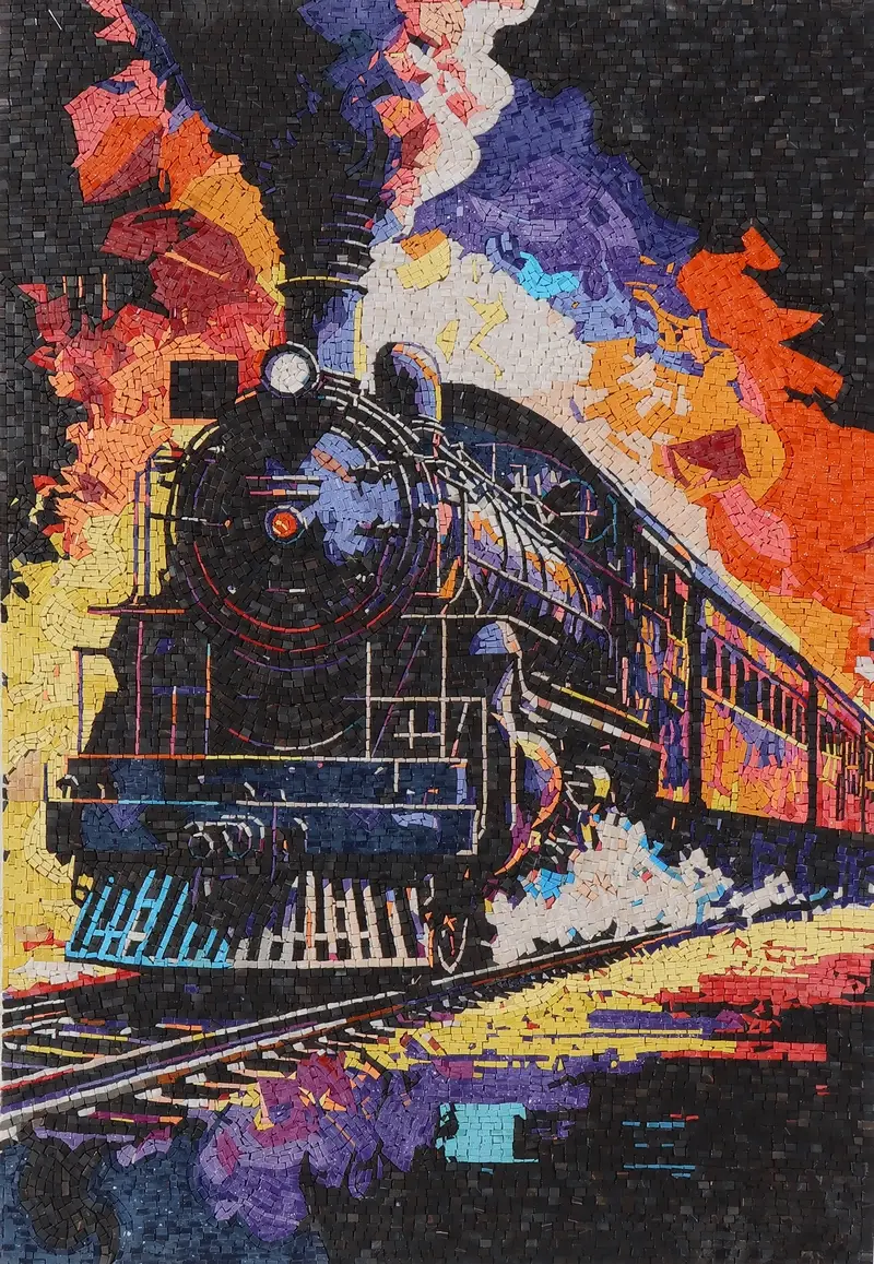 celestial-route-mosaic-artwork Celestial Route mosaic artwork depicting a train journey through a vibrant, colorful sky.