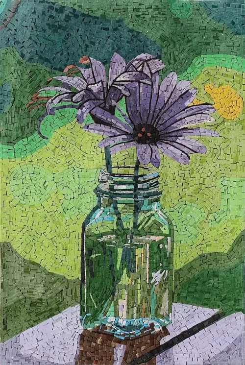 "Florora" mosaic wall art featuring vibrant flowers elegantly placed in a glass jar, with a swirling background and intricate tessera details.