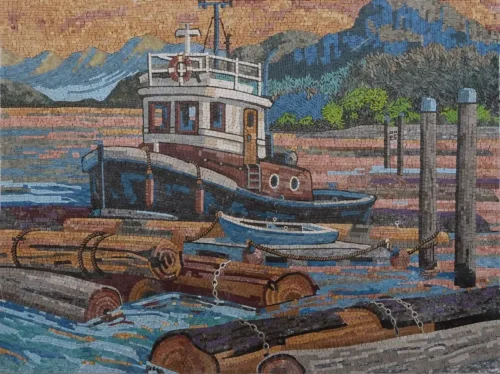 Twilight Marina mosaic wall art depicting a tranquil harbor scene at dusk with a large fishing boat and smaller vessels against a backdrop of mountains and trees.