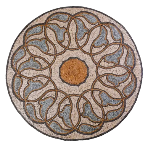 "Helical Poise" spiral mosaic art design featuring a warm orange center surrounded by blues and natural tones.