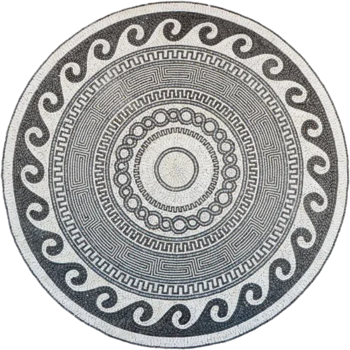 "Labyrinthos" marble artwork featuring intricate mosaic art patterns in a maze-like circular design.
