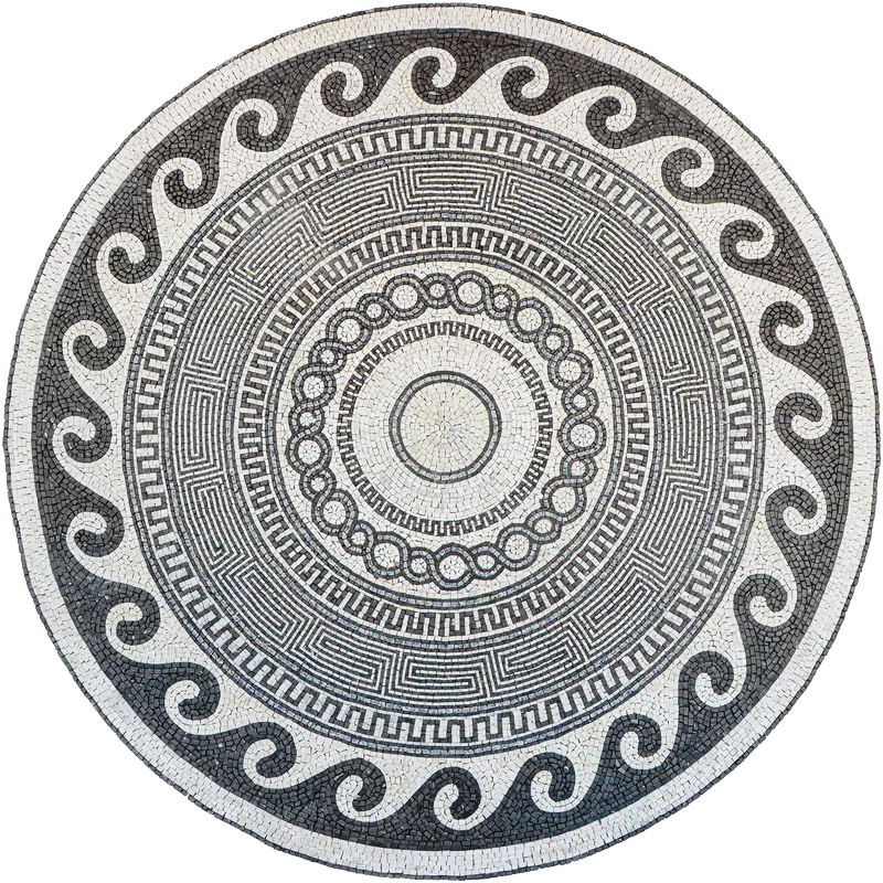 Labyrinthos Mosaic Art Patterns with Circular Marble Design "Labyrinthos" marble artwork featuring intricate mosaic art patterns in a maze-like circular design.