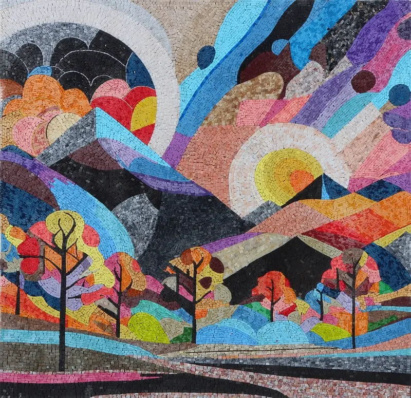 Morphovista Design Mosaic Art with Flowing Landscapes "Morphovista" design mosaic art featuring flowing mountains, abstract trees, and dynamic natural forms made from marble.