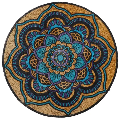 "Petralis" marble artwork featuring a circular floral design with intricate mosaic art patterns in high-quality marble.