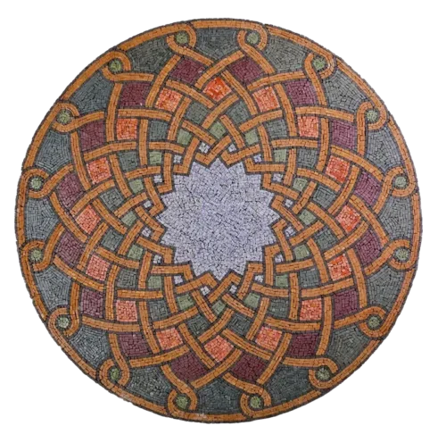 "Nodalis" marble artwork showcasing intricate geometric mosaic art patterns with a star-shaped center and interwoven details.