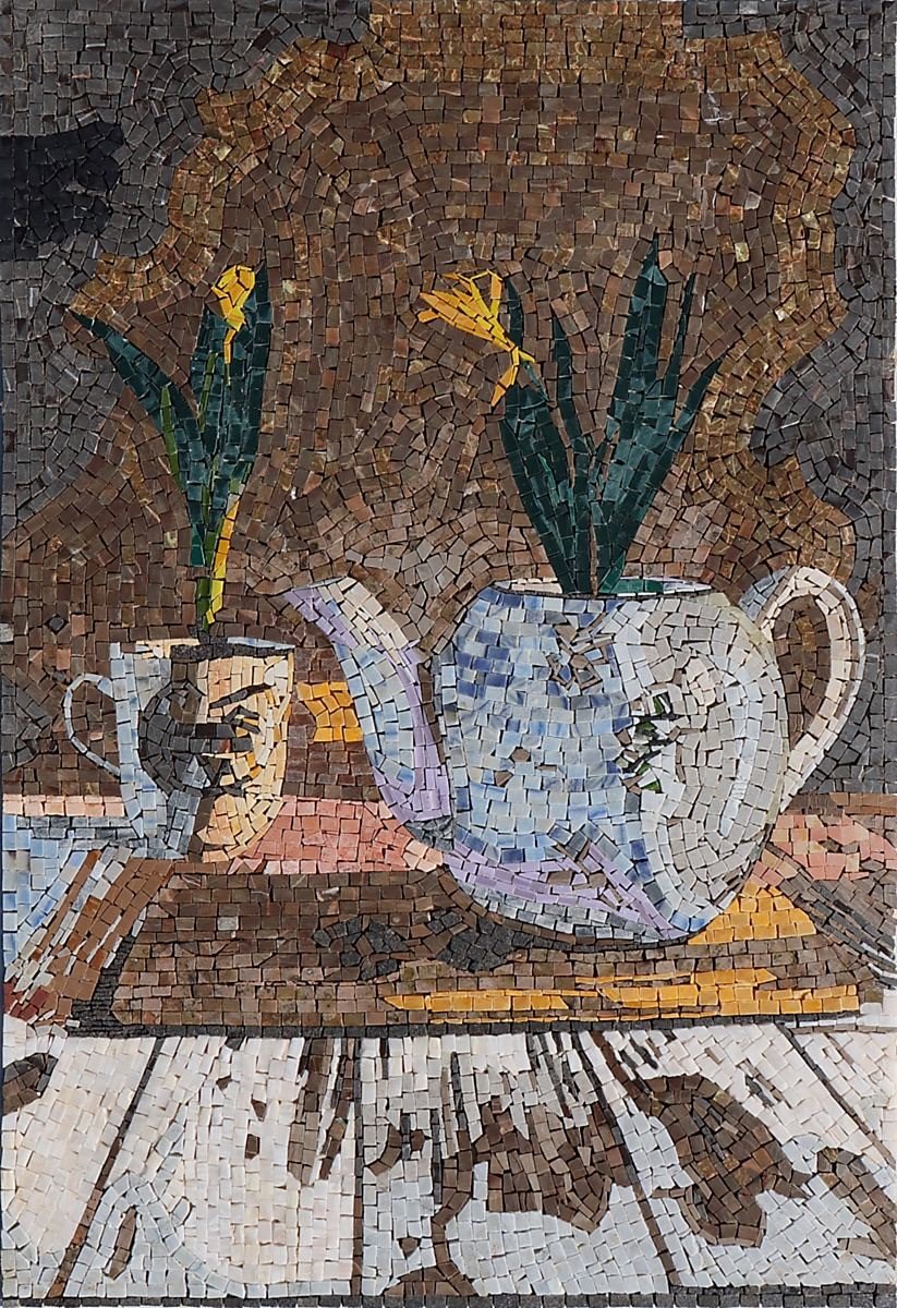 Floral Still Life Mosaic - Morning Daffodils | Handcrafted Art "Handcrafted floral still life mosaic depicting yellow daffodils in a light blue teapot and cup on a table - Morning Daffodils.