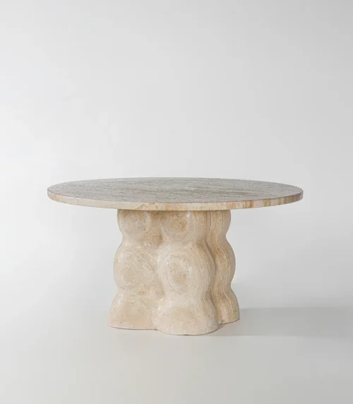 Round travertino marble dining table with sculptural wavy base